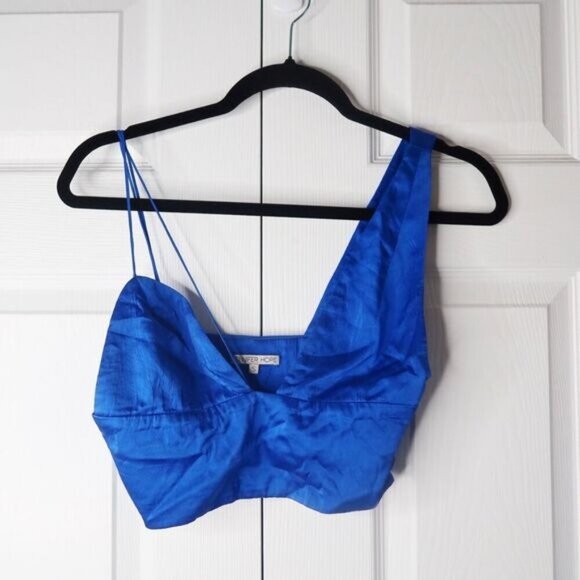 Jennifer Hope Cobalt Blue 100% Silk Asymmetrical Crop Top Women's Size Small S - Picture 1 of 7
